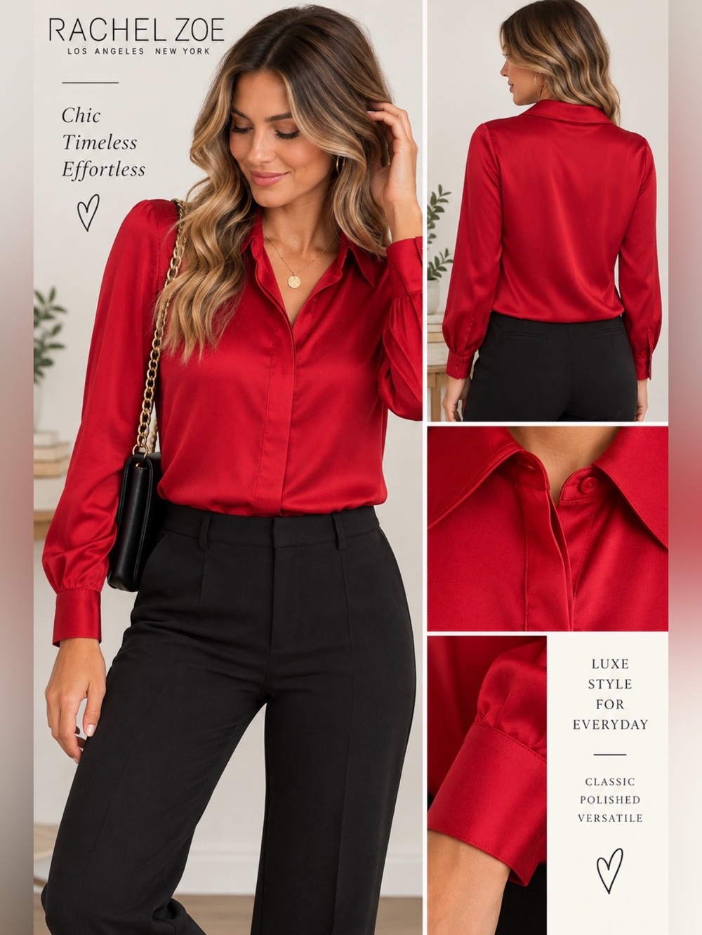490 Rachel Zoe Red Satin Hidden Button Long Sleeve Blouse Top XS